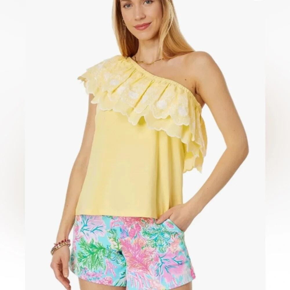 NEW Lilly Pulitzer Kym Knit Top Creme FRAICHE Shoulder Top in Yellow S